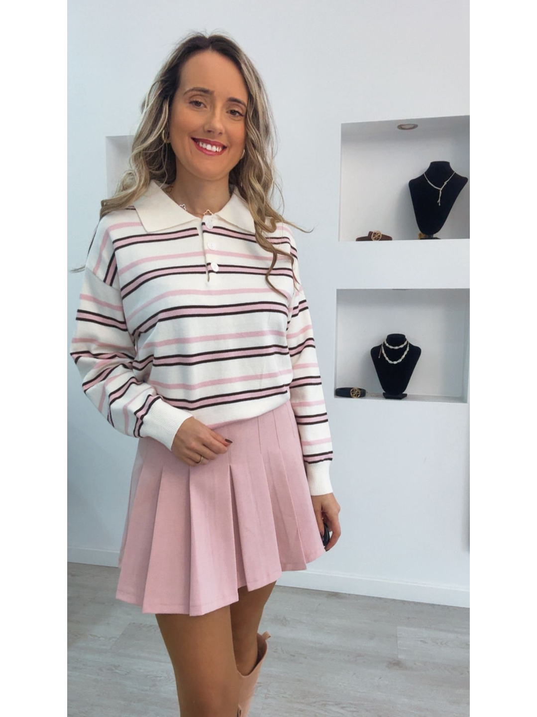 Polo de malha com riscas rosa - TU 3