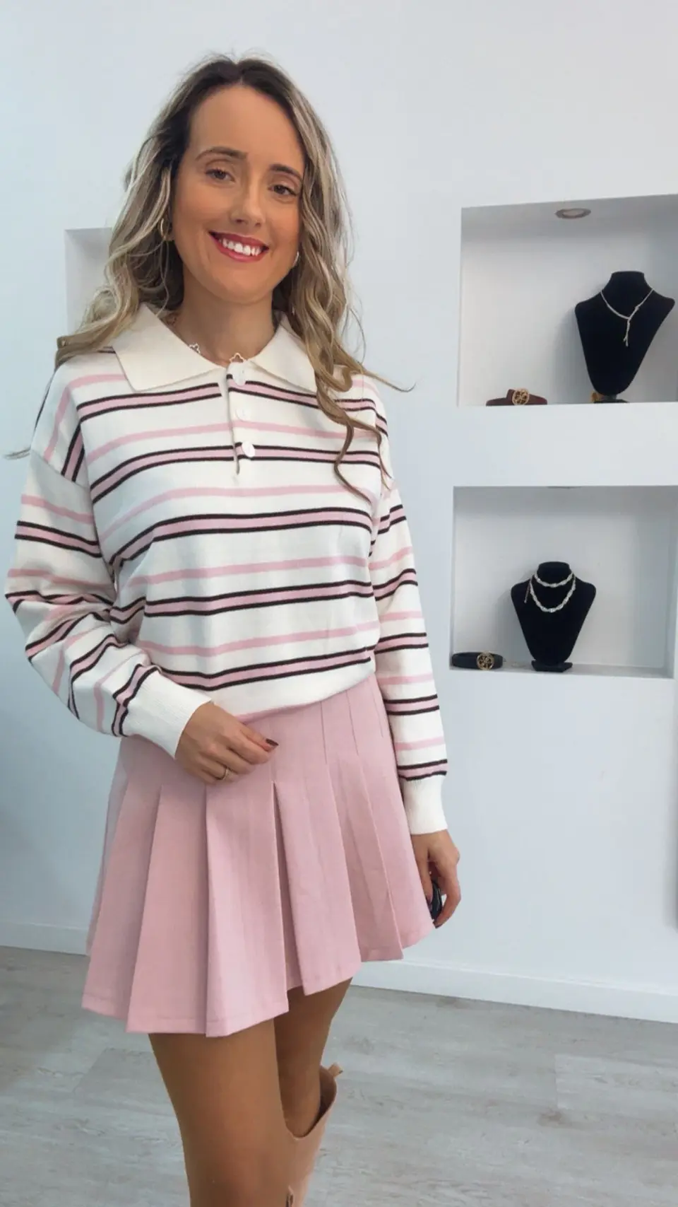 Polo de malha com riscas rosa - TU 3