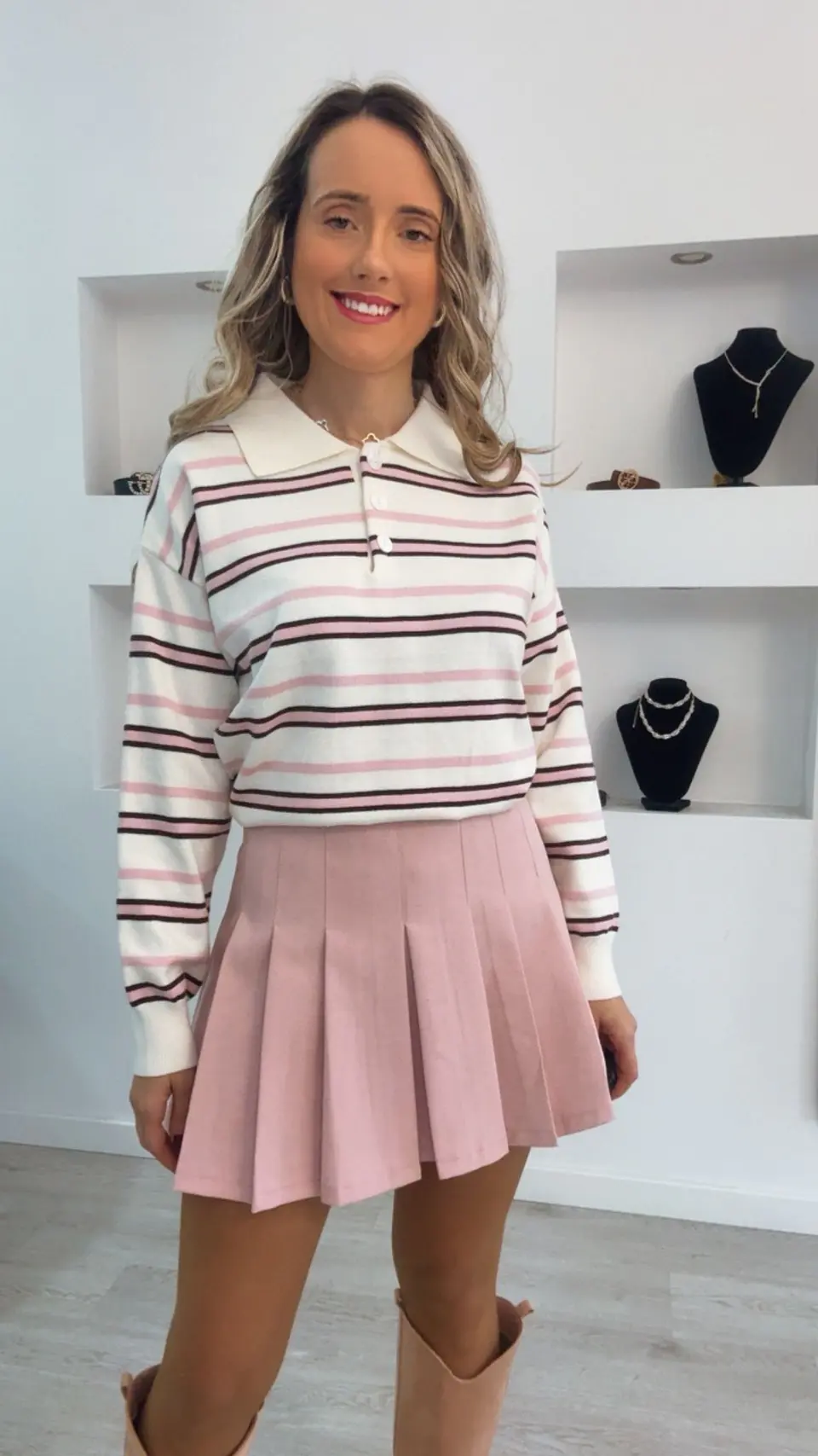 Polo de malha com riscas rosa - TU 4