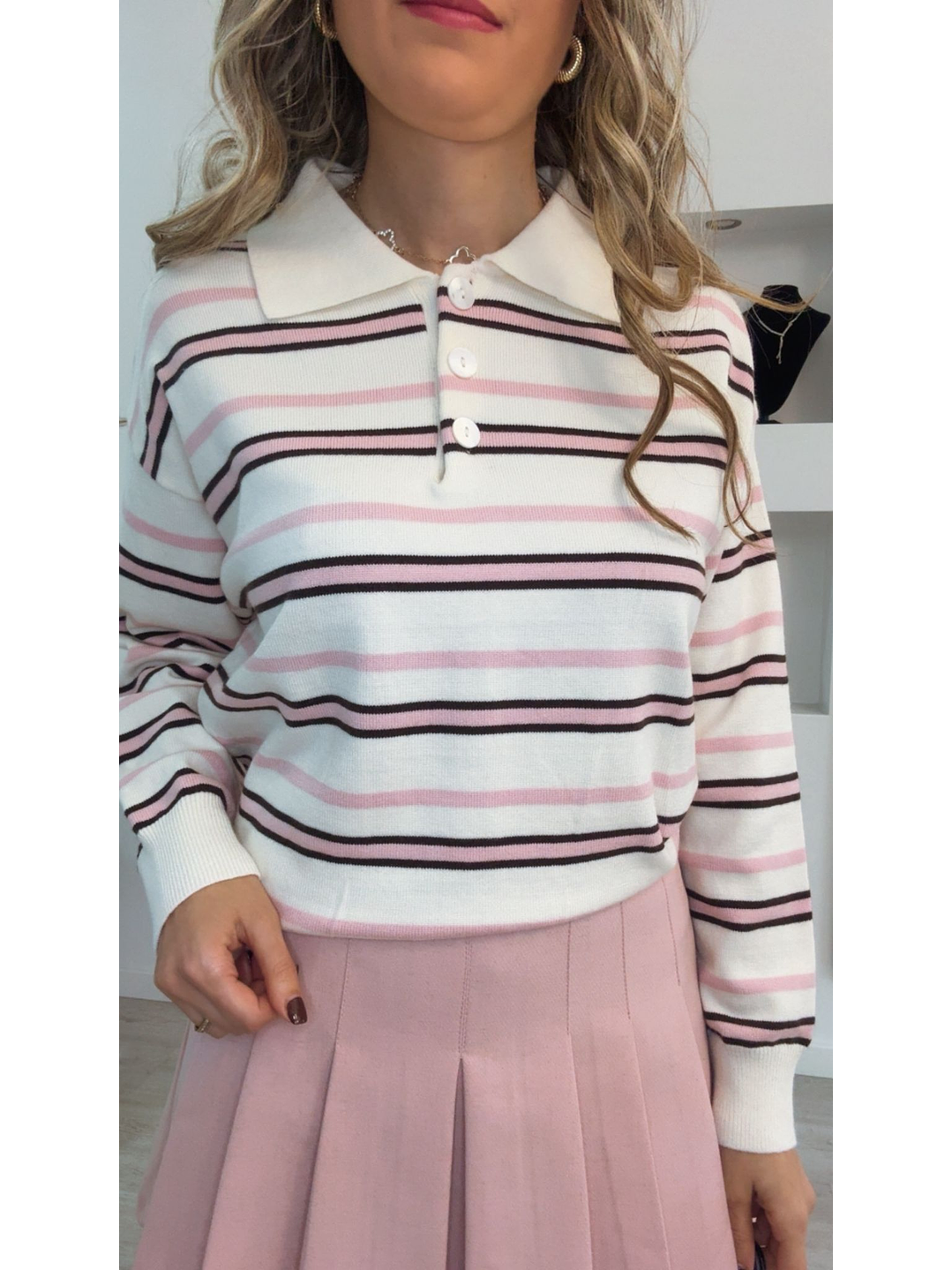 Polo de malha com riscas rosa - TU 6