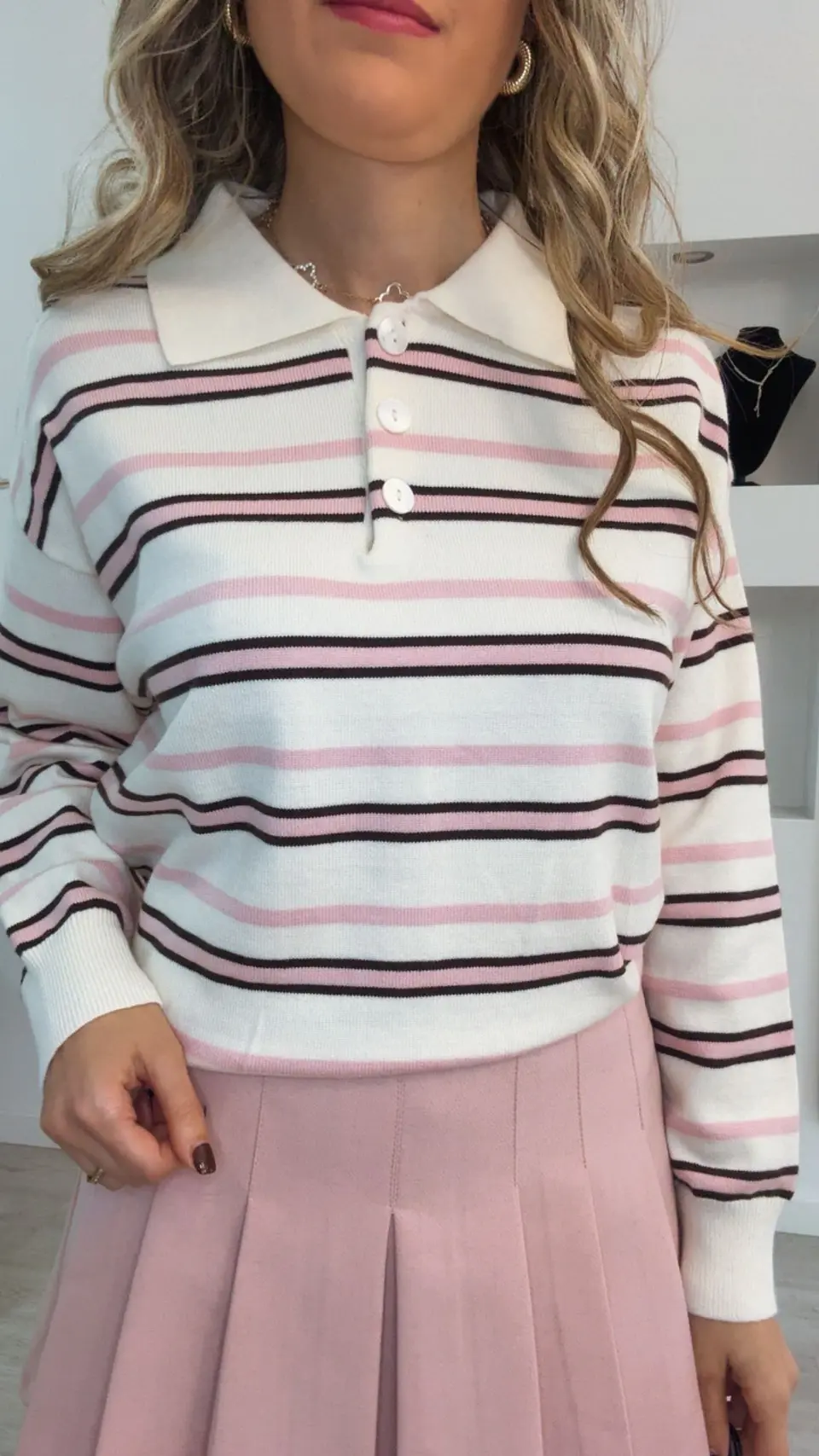 Polo de malha com riscas rosa - TU 6