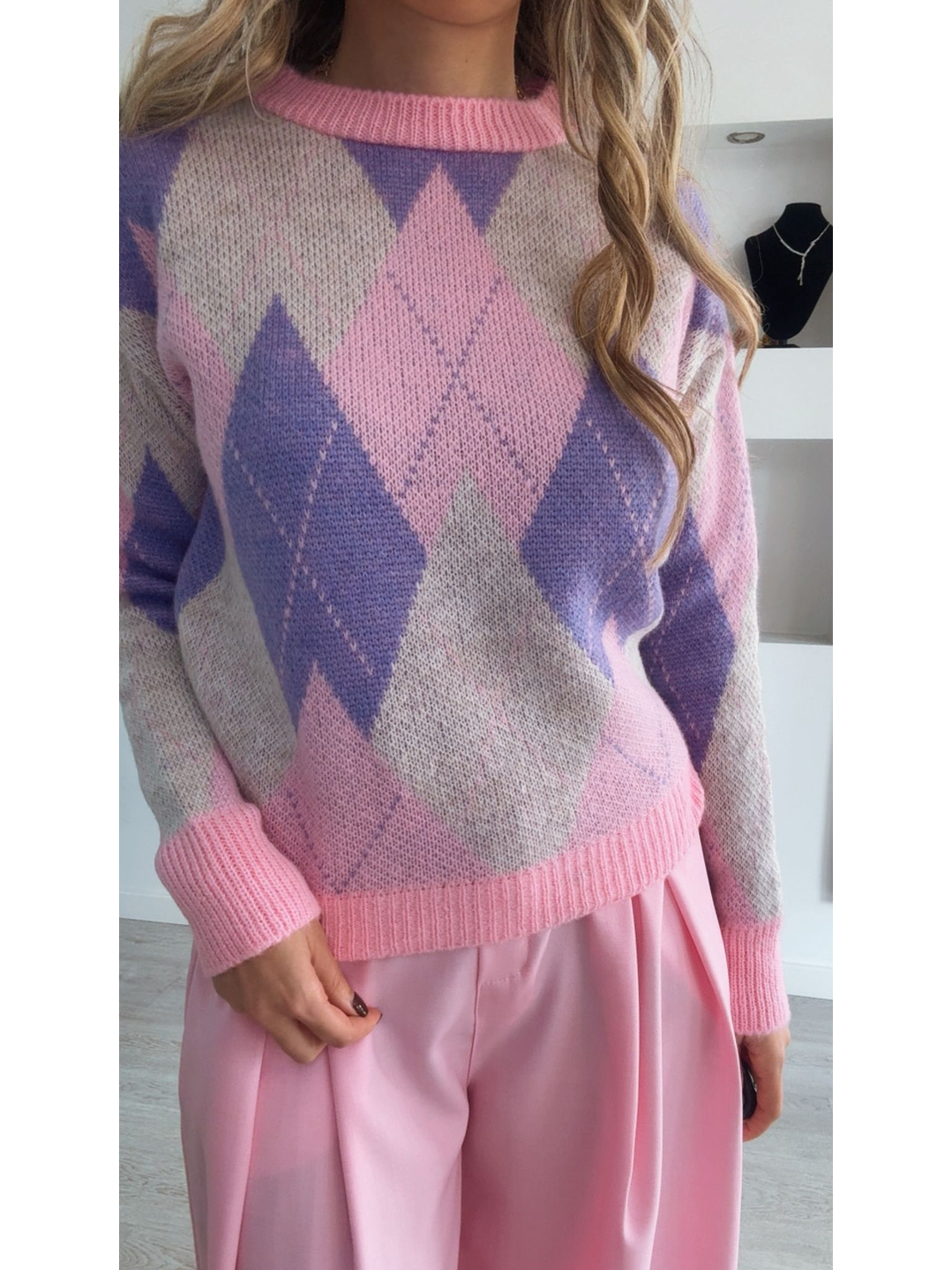 Camisola de malha com losangos - TU 5