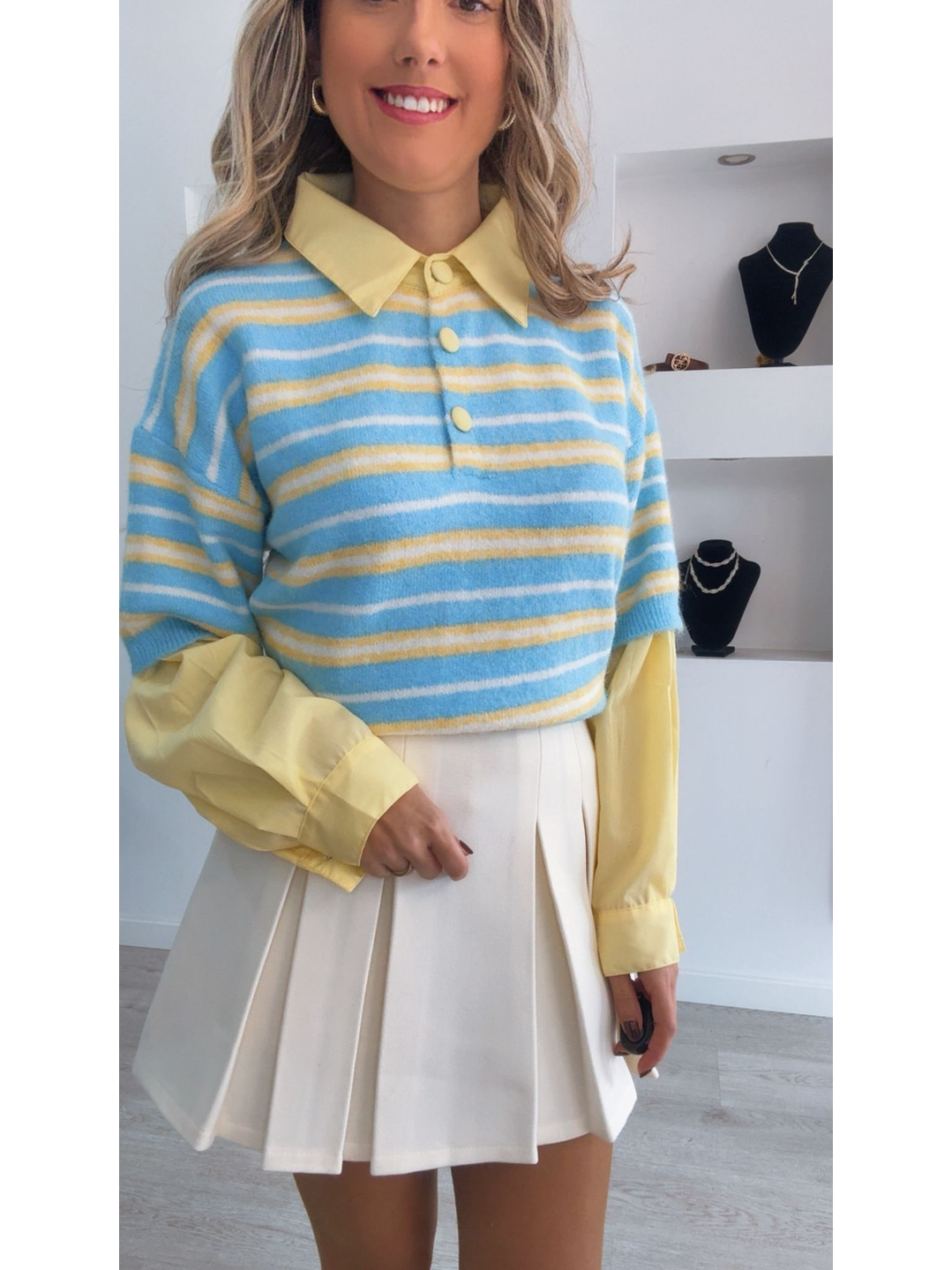 Camisola de malha com detalhes de camisa na gola e nas mangas - TU 4