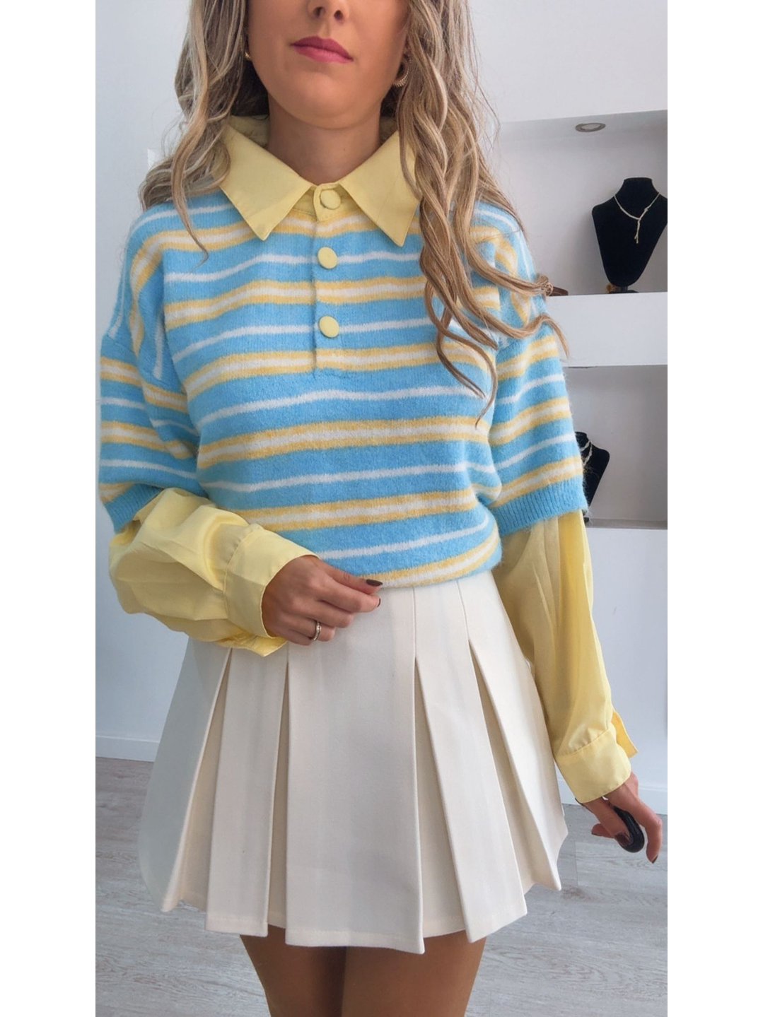 Camisola de malha com detalhes de camisa na gola e nas mangas - TU 7