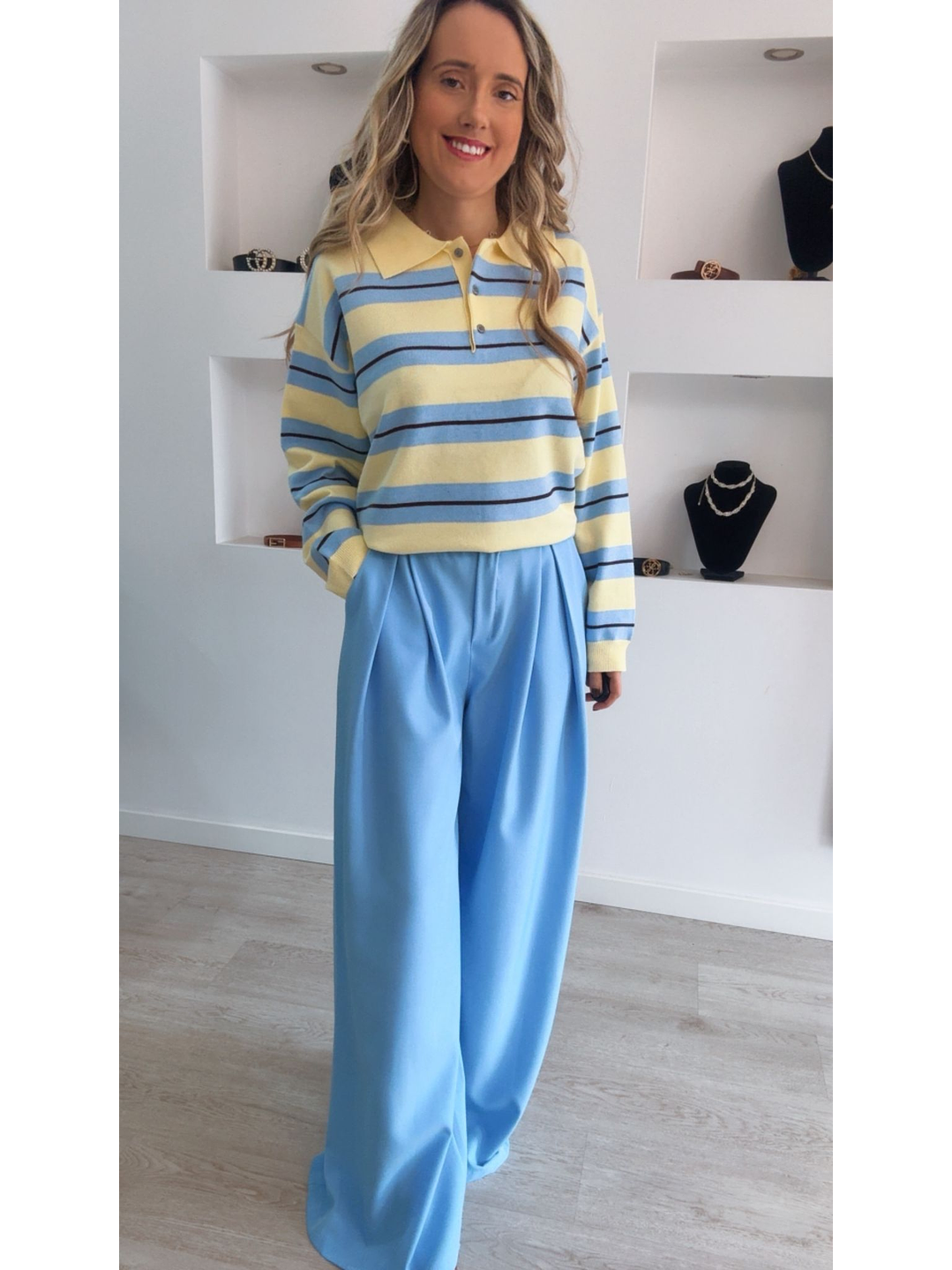 Polo de malha com riscas azuis e amarelas - TU 3