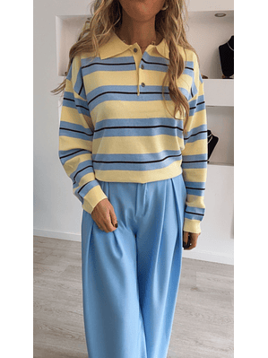 Polo de malha com riscas azuis e amarelas - TU
