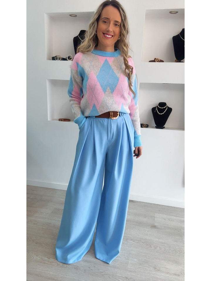 Calça em tecido larga com cinto incluído - TU 5