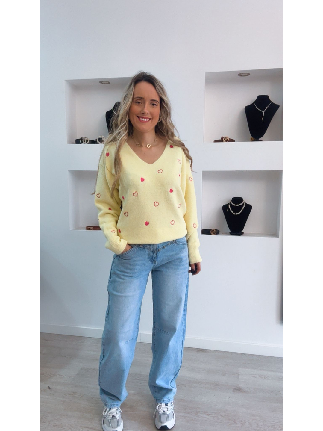 Camisola de malha amarela com corações rosa - TU 3