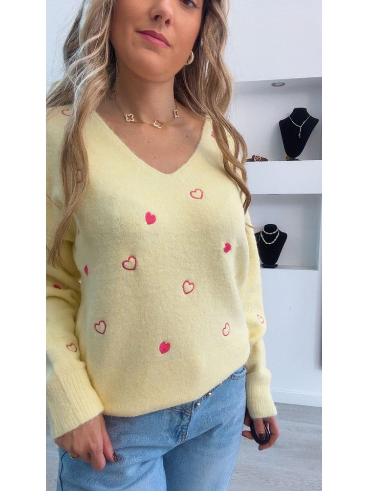 Camisola de malha amarela com corações rosa - TU 5