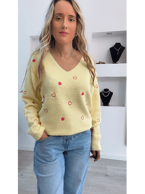 Camisola de malha amarela com corações rosa - TU