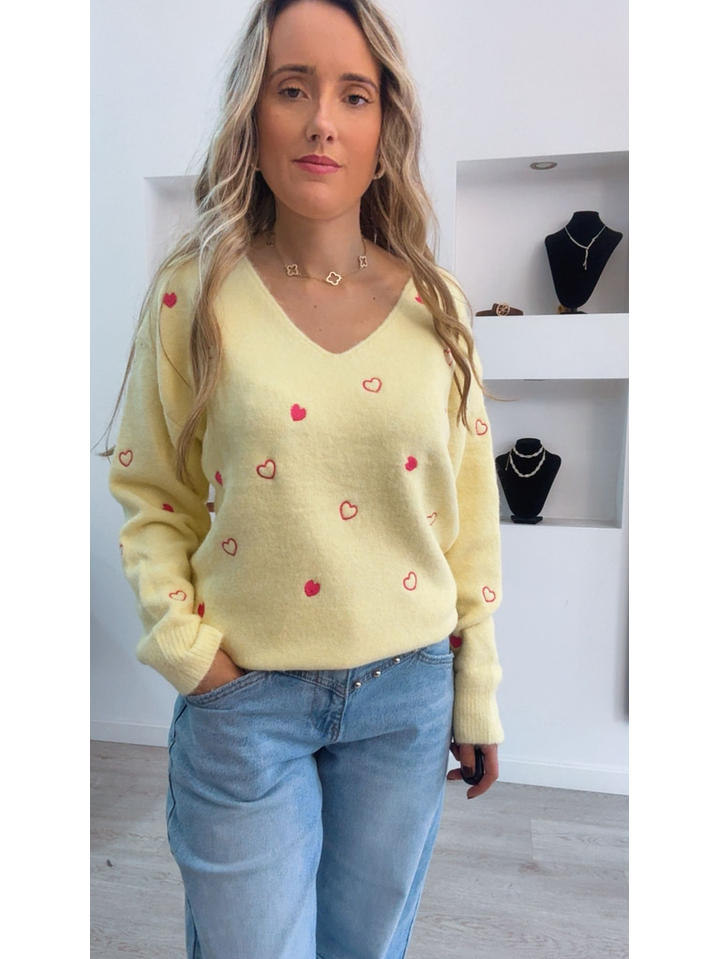 Camisola de malha amarela com corações rosa - TU 2