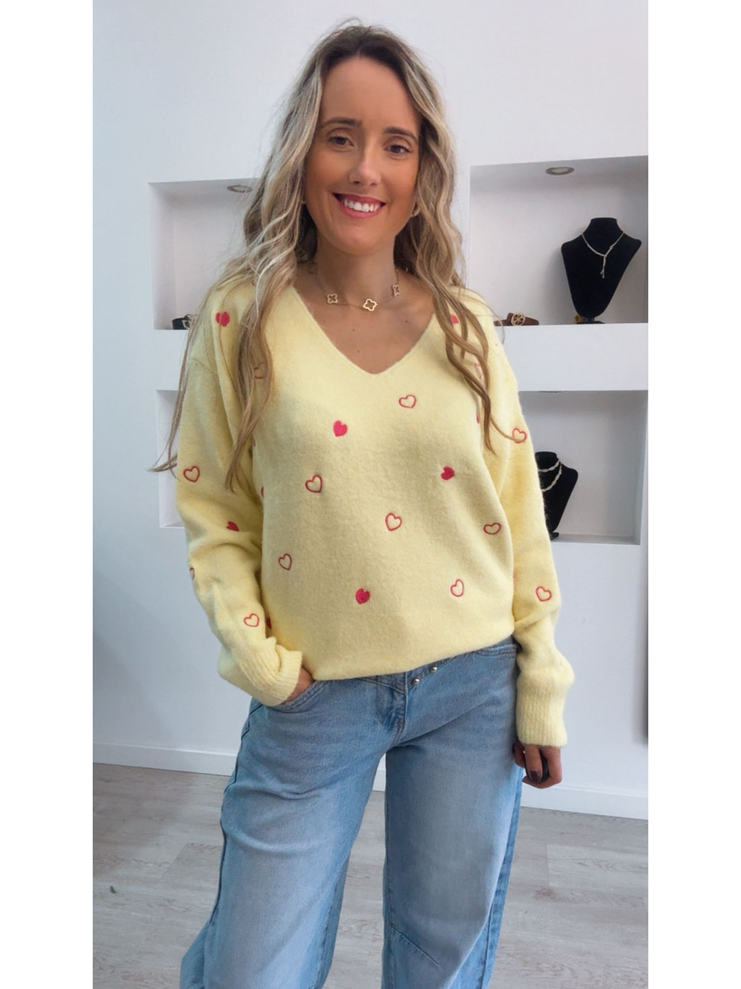 Camisola de malha amarela com corações rosa - TU 1