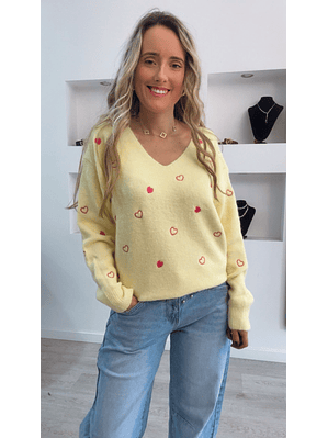 Camisola de malha amarela com corações rosa - TU