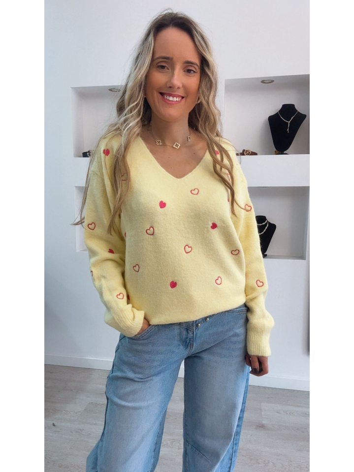 Camisola de malha amarela com corações rosa - TU 1