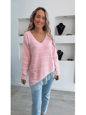 Camisola de malha com renda mais comprida de um lado - TU