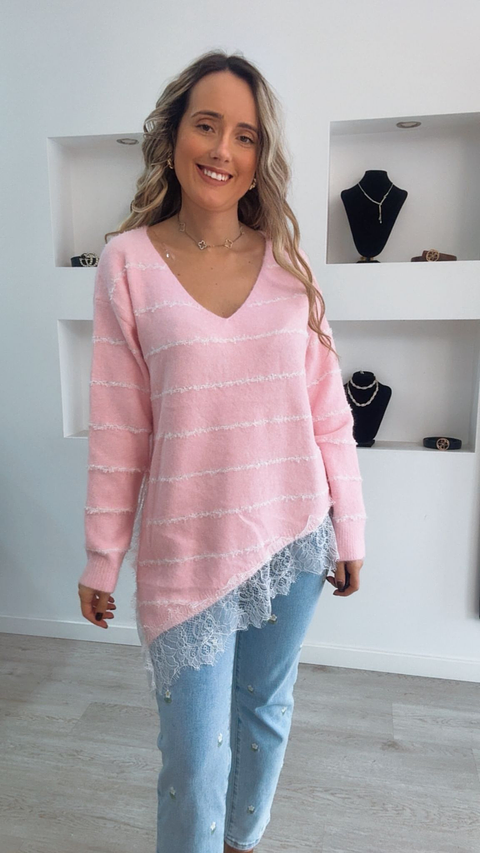 Camisola de malha com renda mais comprida de um lado - TU