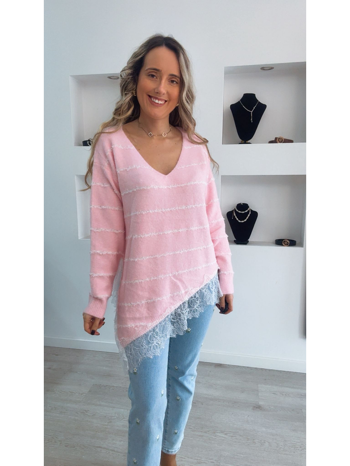 Camisola de malha com renda mais comprida de um lado - TU 3