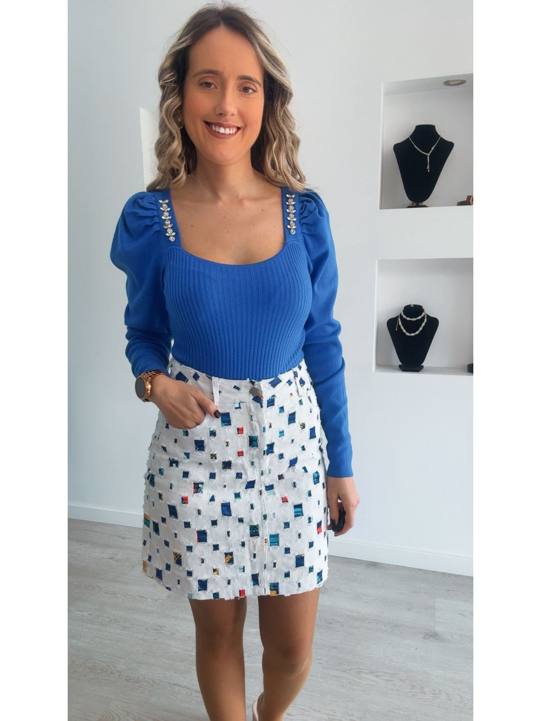 Camisola de malha com detalhe de brilhantes - TU 1