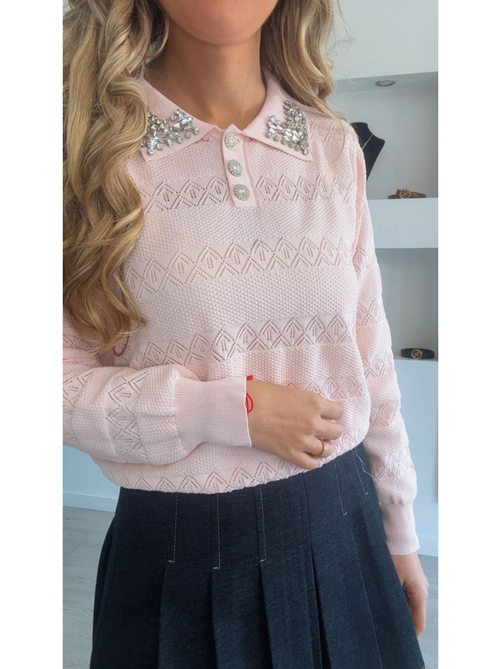 Camisola de malha com detalhe de brilhantes na gola - TU 3