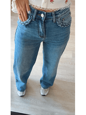 Calça de ganga com tranças nos bolsos