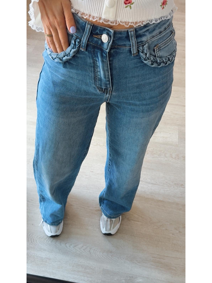 Calça de ganga com tranças nos bolsos 1