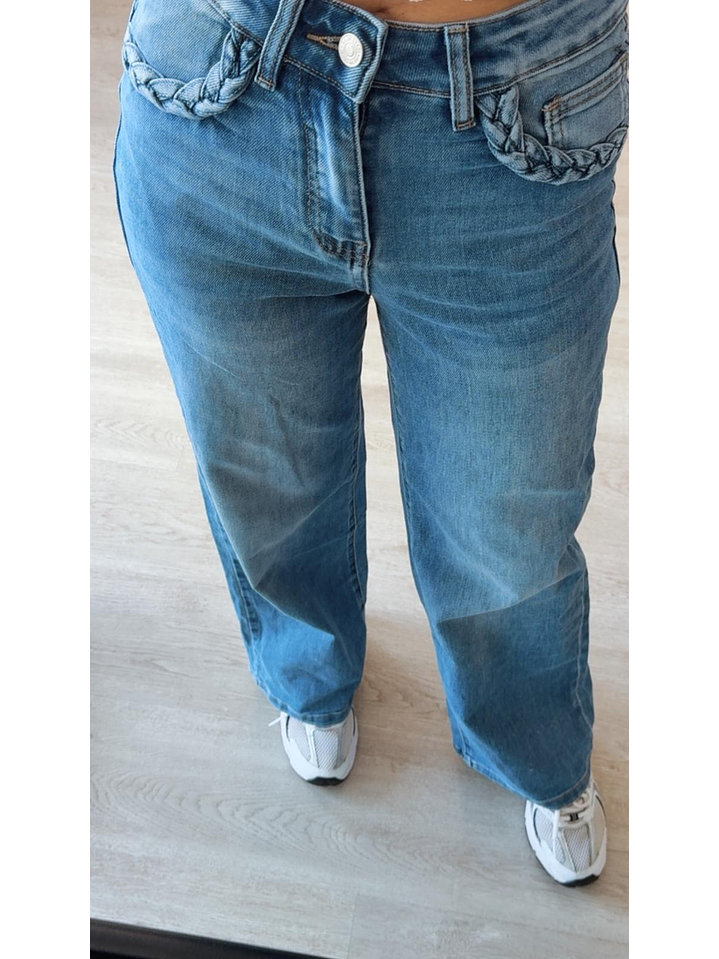 Calça de ganga com tranças nos bolsos 5