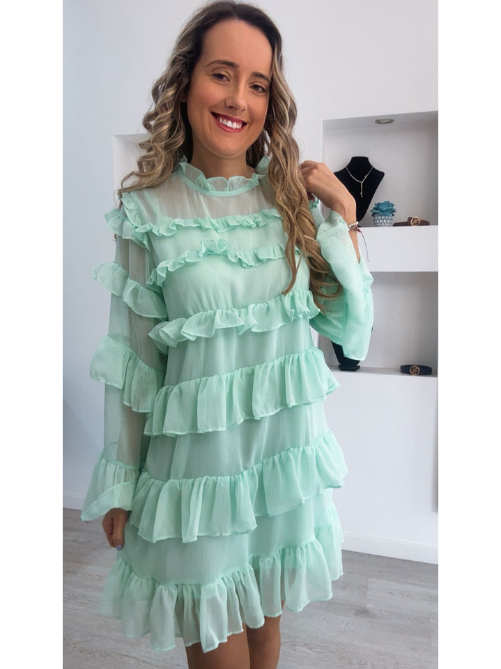 Vestido com folhos de manga comprida 9