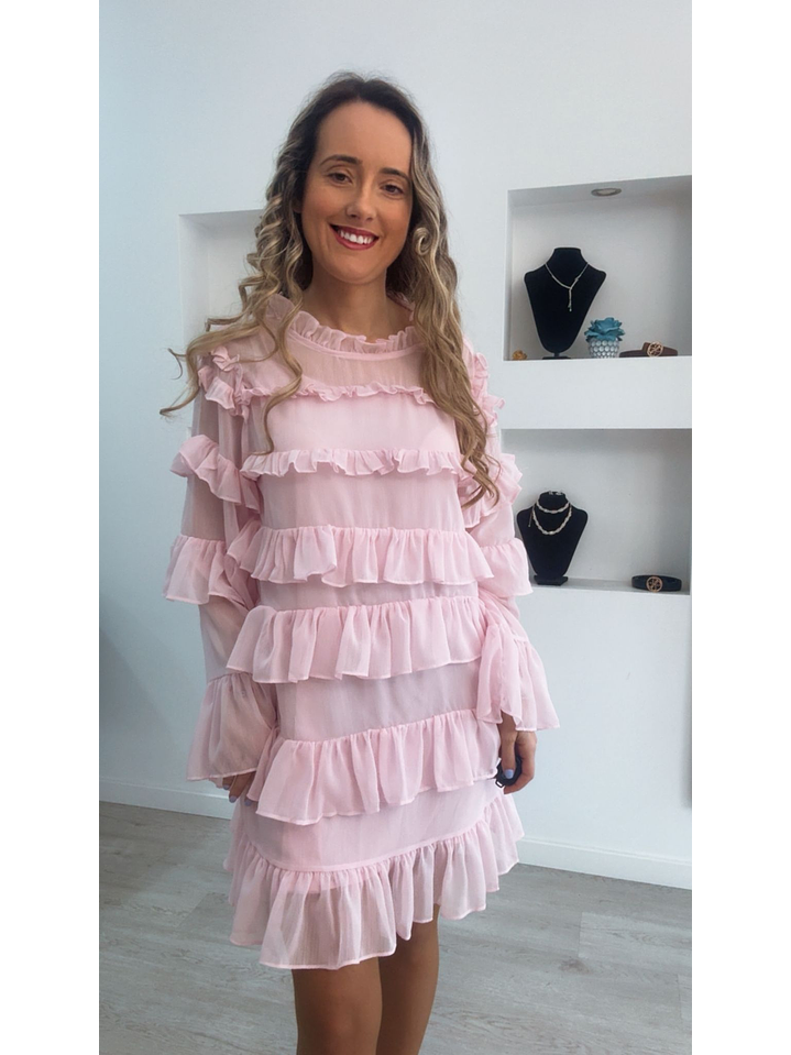 Vestido com folhos de manga comprida 4