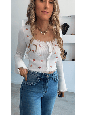 Top de manga comprida com flores