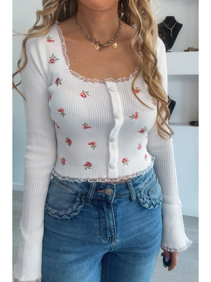 Top de manga comprida com flores 4