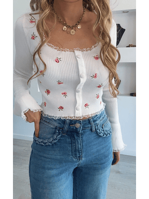 Top de manga comprida com flores