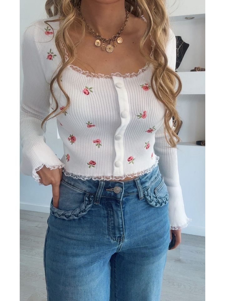 Top de manga comprida com flores 1