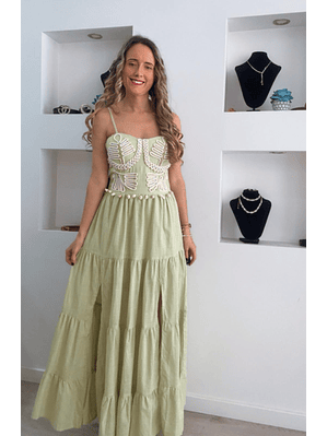 Vestido em linho com racha e conchas na cinta