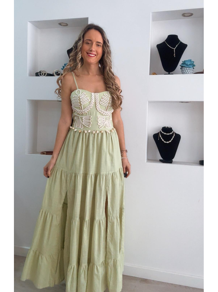 Vestido em linho com racha e conchas na cinta 1
