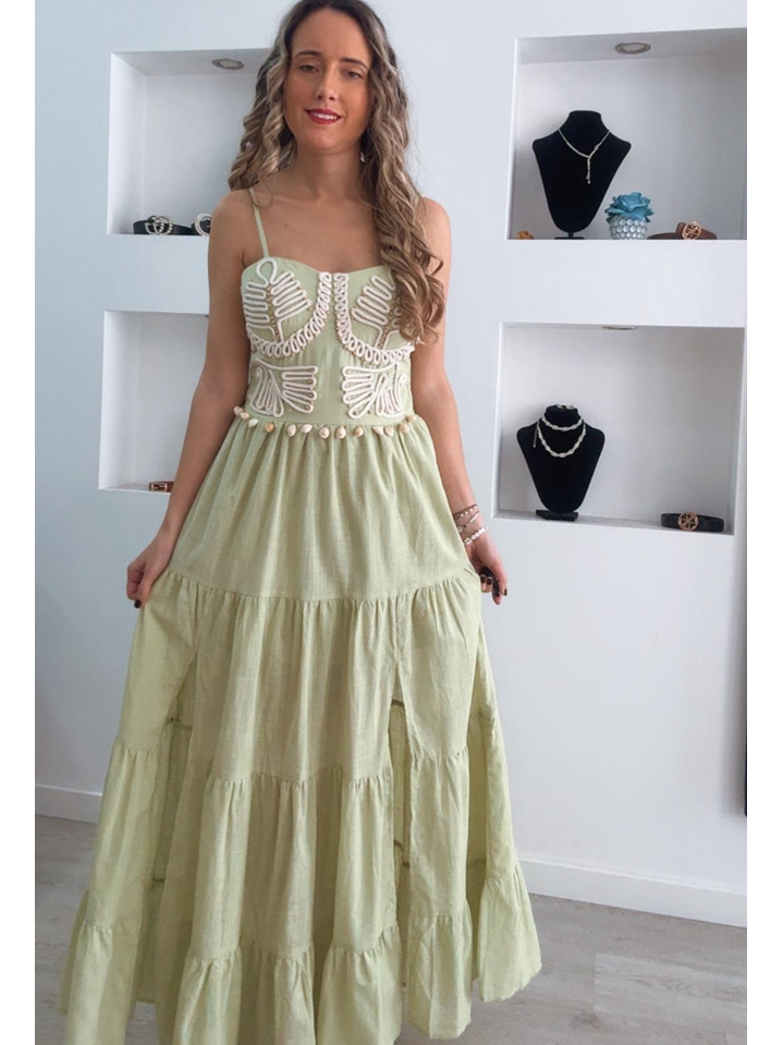 Vestido em linho com racha e conchas na cinta 4