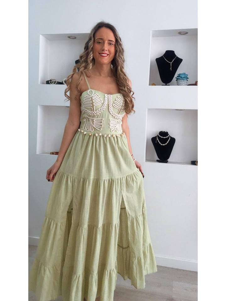 Vestido em linho com racha e conchas na cinta 2