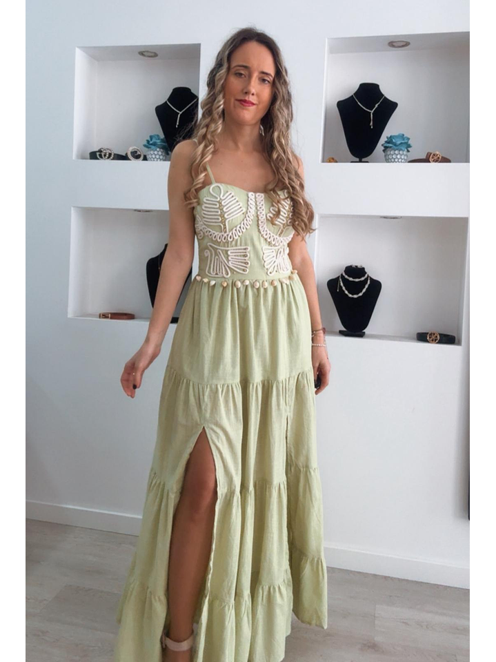Vestido em linho com racha e conchas na cinta 5