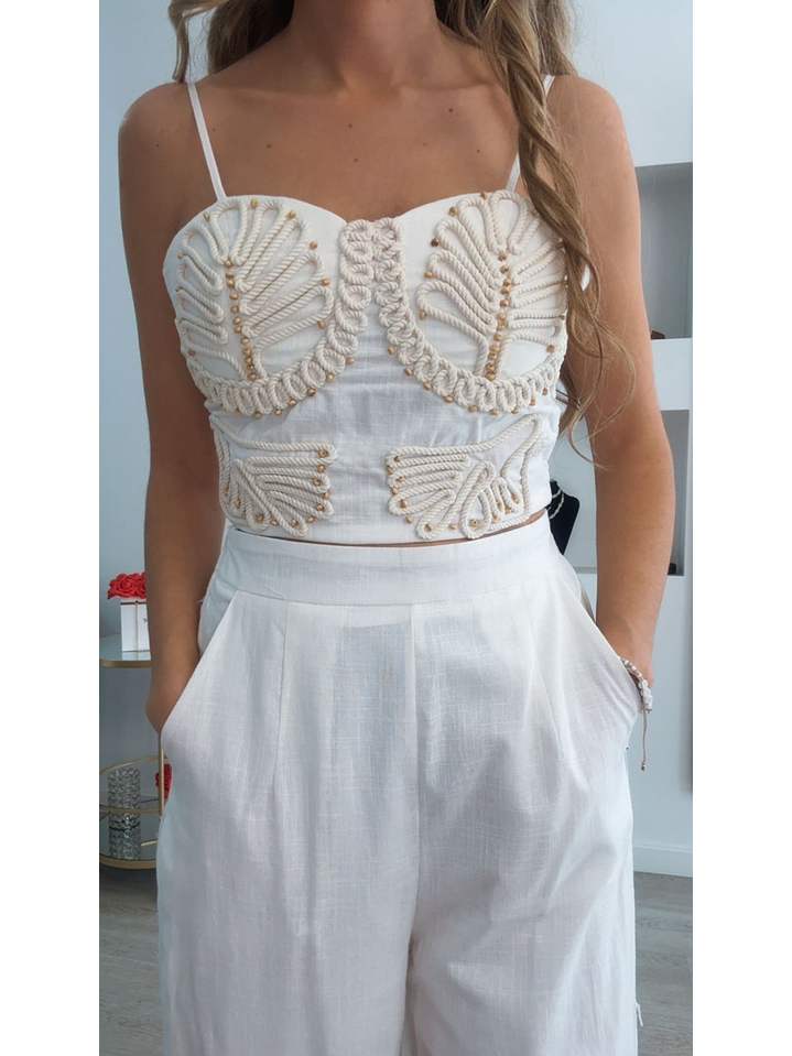 Conjunto top e calça em linho com bordados 9