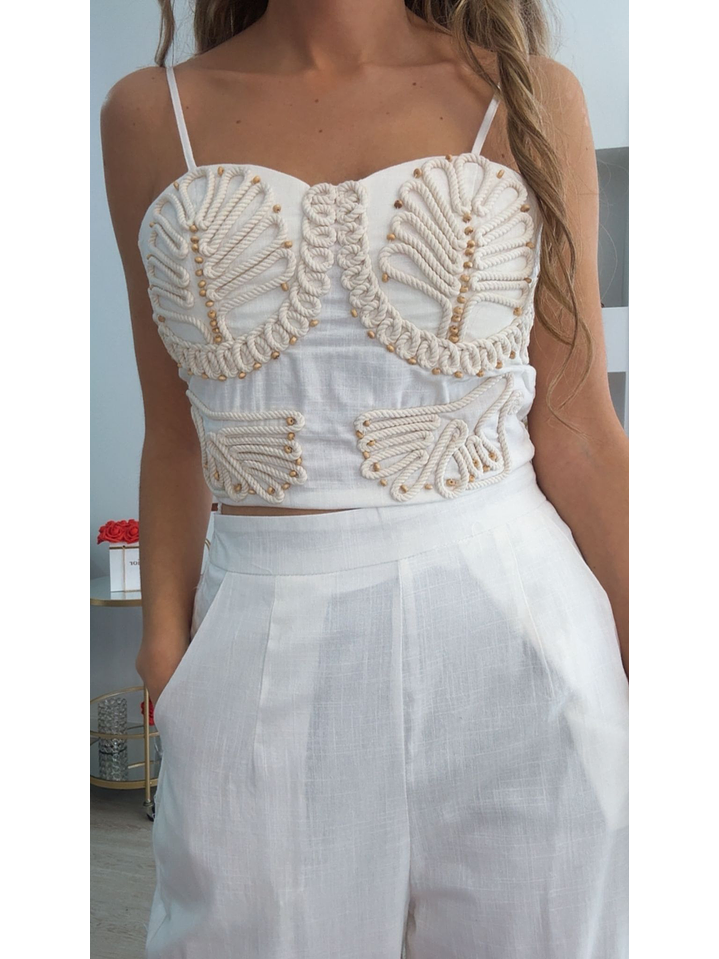 Conjunto top e calça em linho com bordados 10