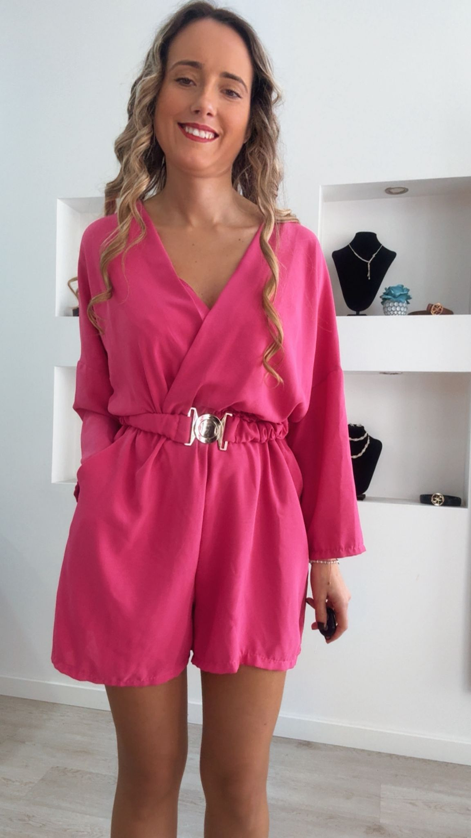 Macacão rosa de calção com cinto - TU 3