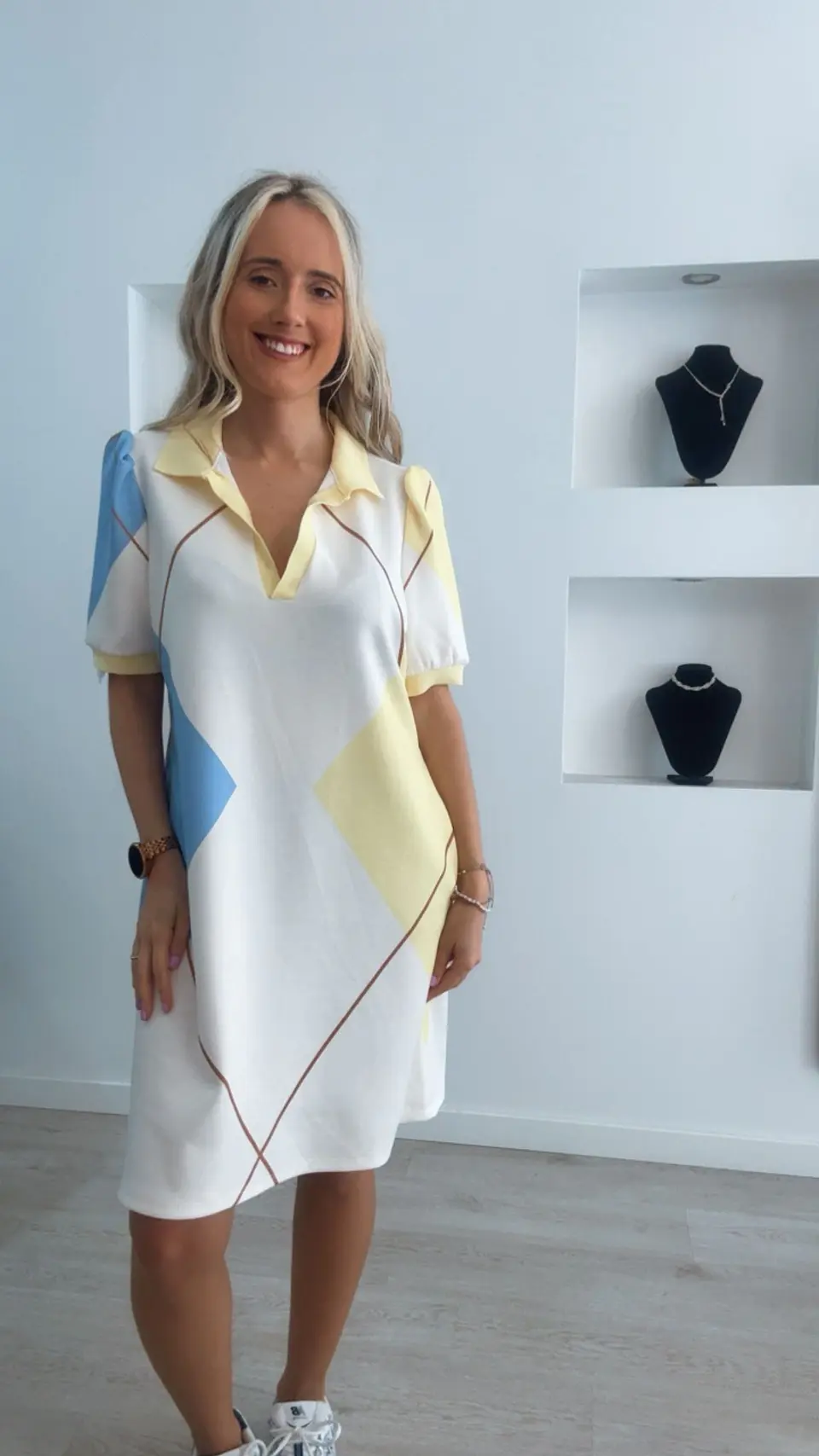 Vestido losangos de manga curta com bolsos - TU 1