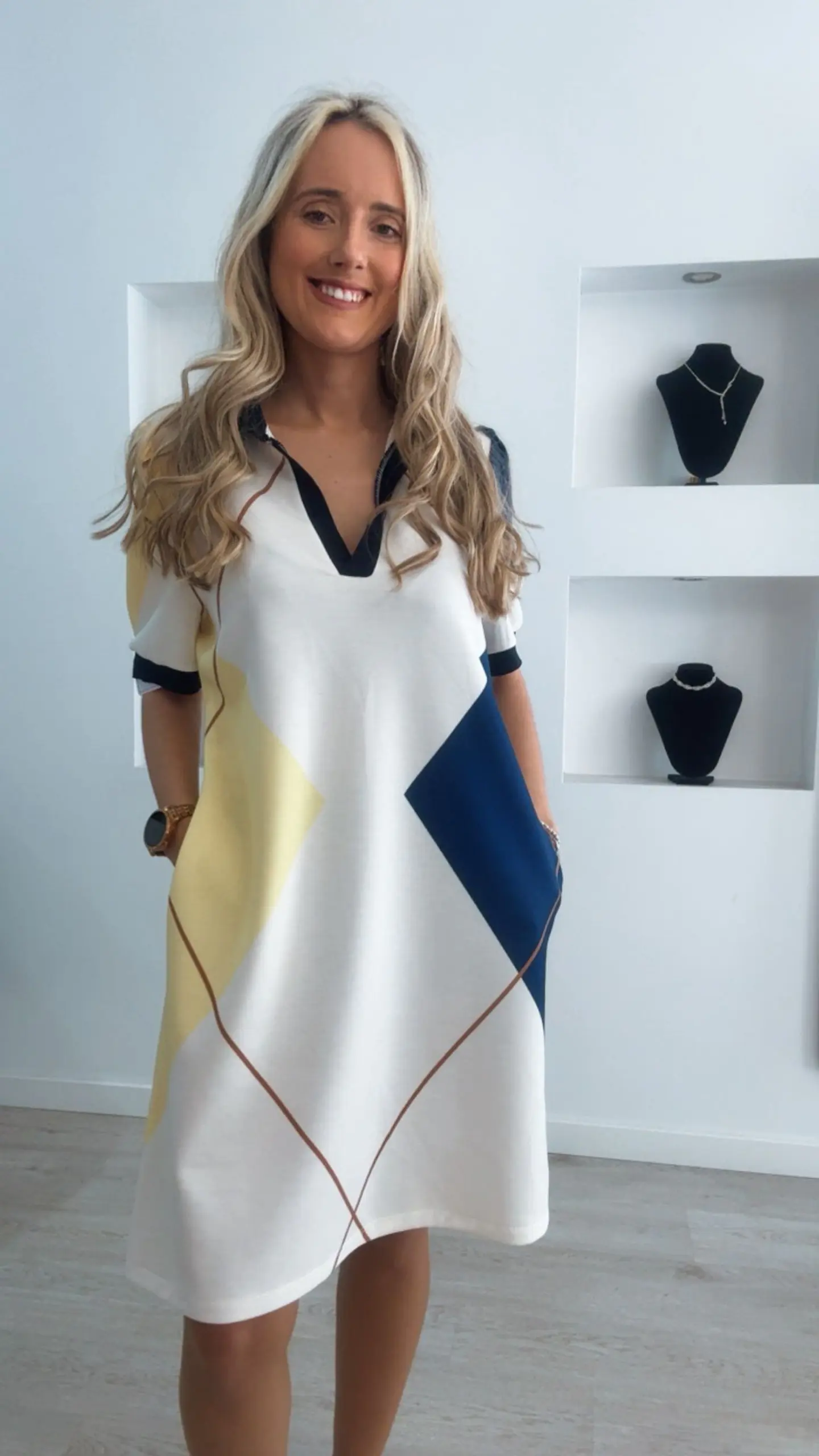 Vestido losangos de manga curta com bolsos - TU 8