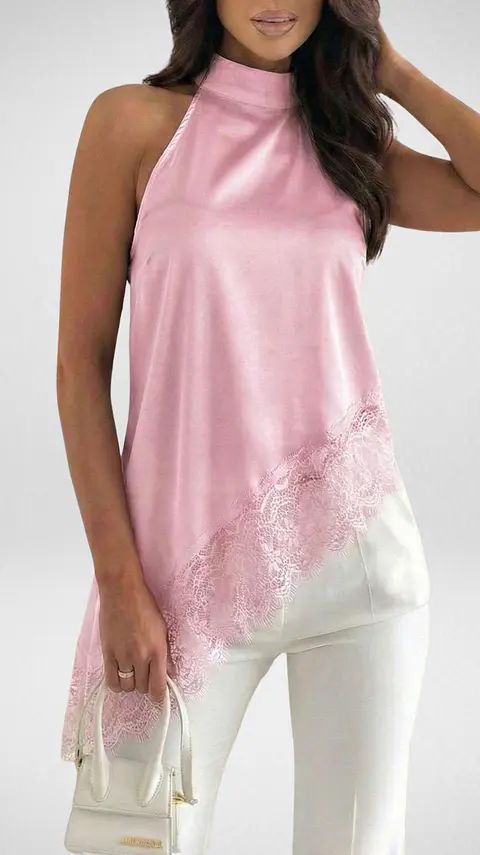 Blusa em cetim com detalhe de renda em baixo - TU