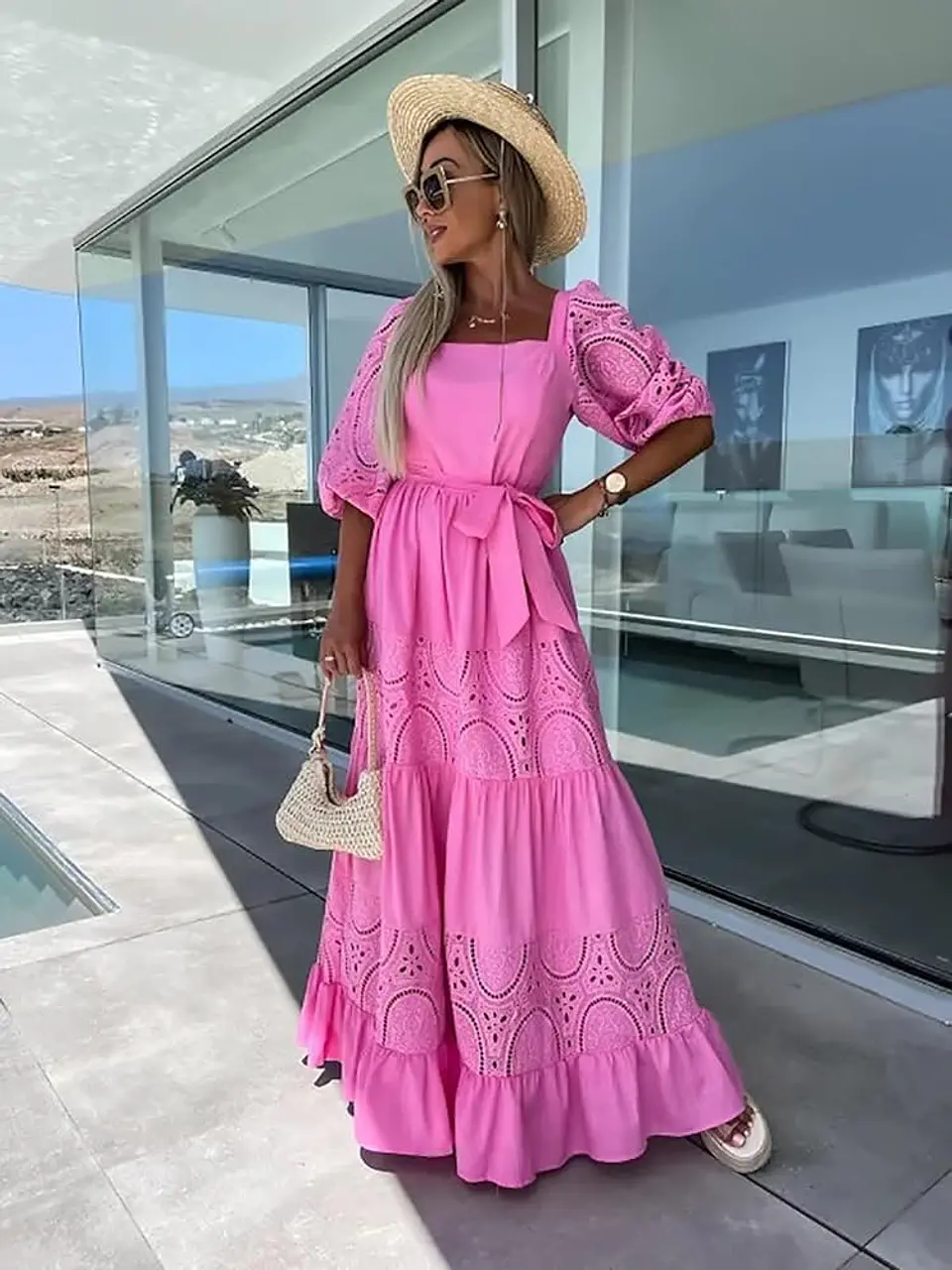 Vestido comprido com renda e cinto 1