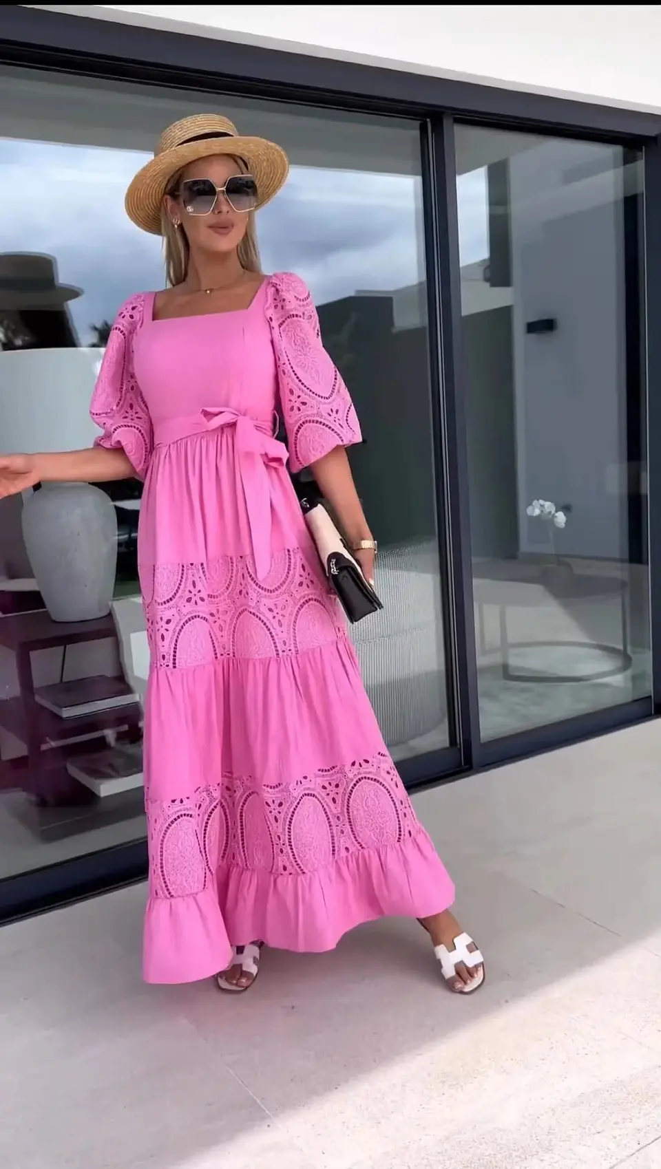 Vestido comprido com renda e cinto 4