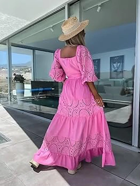 Vestido comprido com renda e cinto