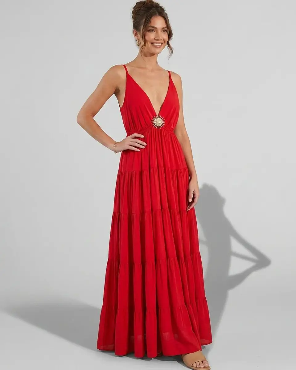Vestido comprido com detalhe em forma de sol no peito - TU 10