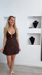 Vestido castanho forrado com detalhe de flores - vignette 1