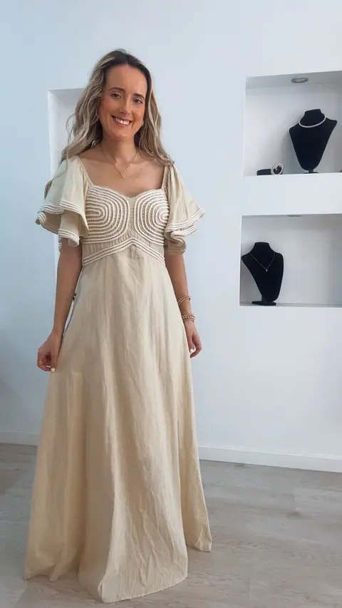 Vestido em linho com detalhes em corda e manga com folhos - TU