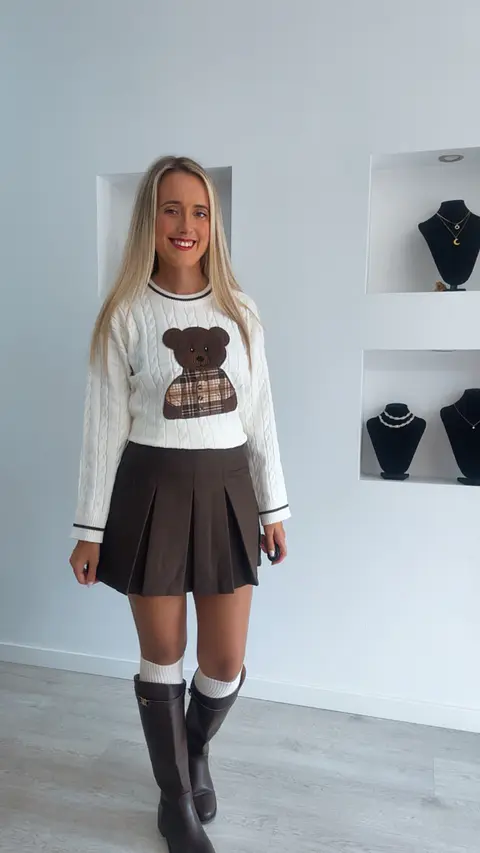 Camisola de Malha com Detalhe de Urso e Camisa aos Quadrados - TU